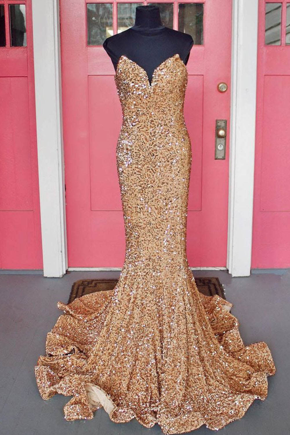 Red Strapless Mermaid Evening Dress Sparkly Long Prom Dress Ms2509211