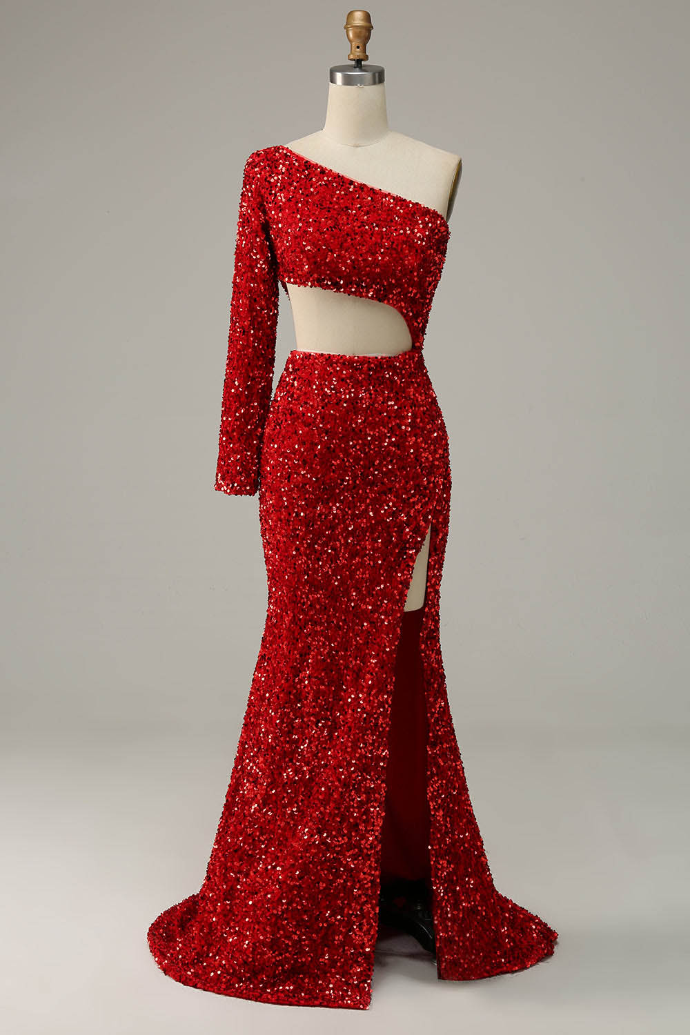 One Shoulder Sequin Prom Dress Sexy Cutout High Slit Evening Dress Ms2509212