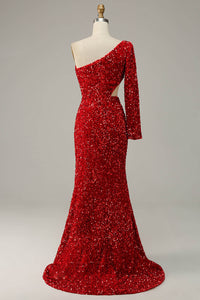 One Shoulder Sequin Prom Dress Sexy Cutout High Slit Evening Dress Ms2509212