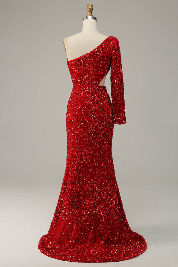 One Shoulder Sequin Prom Dress Sexy Cutout High Slit Evening Dress Ms2509212