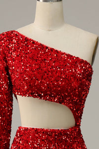 One Shoulder Sequin Prom Dress Sexy Cutout High Slit Evening Dress Ms2509212