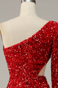 One Shoulder Sequin Prom Dress Sexy Cutout High Slit Evening Dress Ms2509212