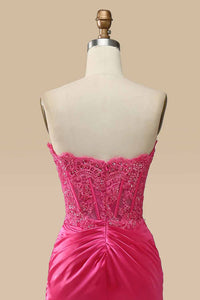 Strapless Corset Prom Dress Sequin Lace High Slit Satin Party Gown Ms2510186