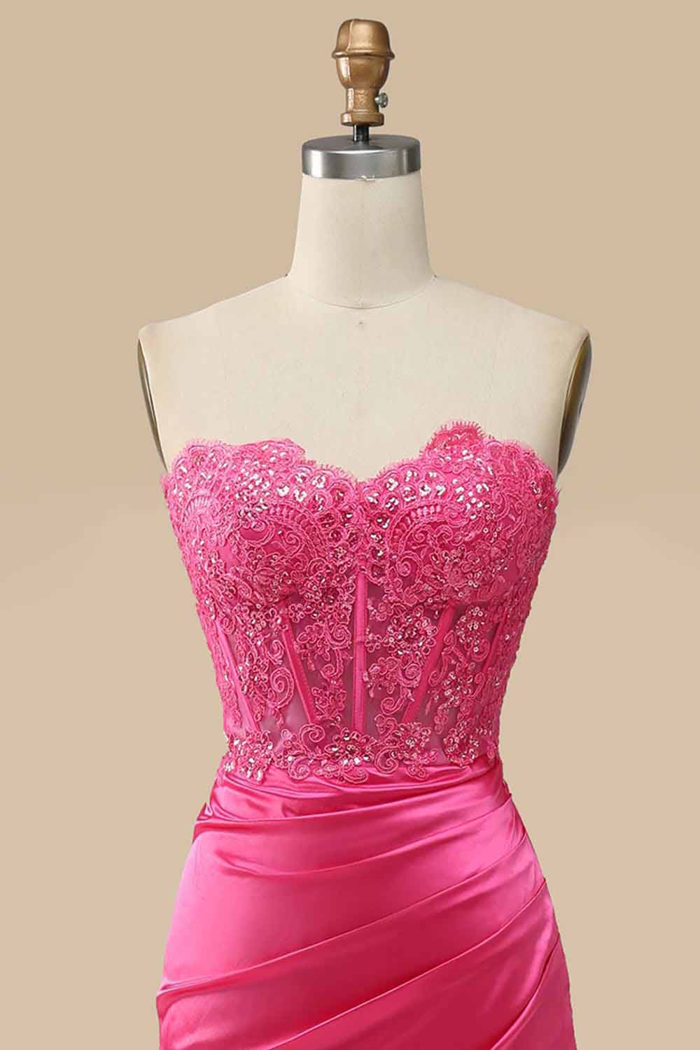 Strapless Corset Prom Dress Sequin Lace High Slit Satin Party Gown Ms2510186