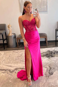 Strapless Corset Prom Dress Sequin Lace High Slit Satin Party Gown Ms2510186