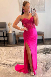 Strapless Corset Prom Dress Sequin Lace High Slit Satin Party Gown Ms2510186