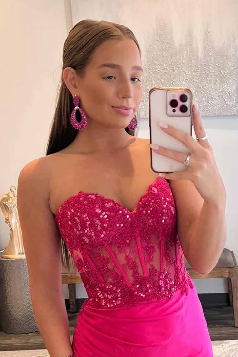 Strapless Corset Prom Dress Sequin Lace High Slit Satin Party Gown Ms2510186