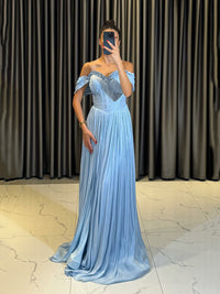 Off Shoulder Pleated Formal Evening Dress Corset Bodice Maxi Prom Dress Ms2604241