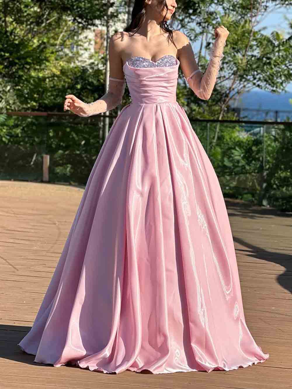 Pink Satin A Line Evening Dresses Strapless Formal Prom Dress With Beading Ms2601294