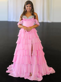 Pink Prom Dress Corset A Line Sequin High Slit Tiered Evening Dress Birthday Gown Ms2604022