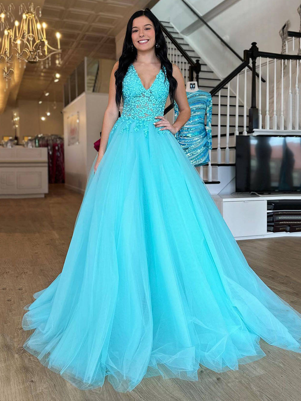 turquoise lace prom dress Turquoise V Neck Lace Applique Prom Dress Tulle Formal Evening Gown Ms –  Msikoods Official Store