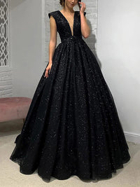 Black Sparkly Prom Dress Deep V Neck Open Back Glitter Evening Dress Graduation Gowns Ms2608275