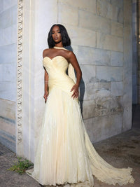 Shiny Strapless Ruched Prom Dress Elegant Draped Formal Evening Gown with Scarf Ms26041451