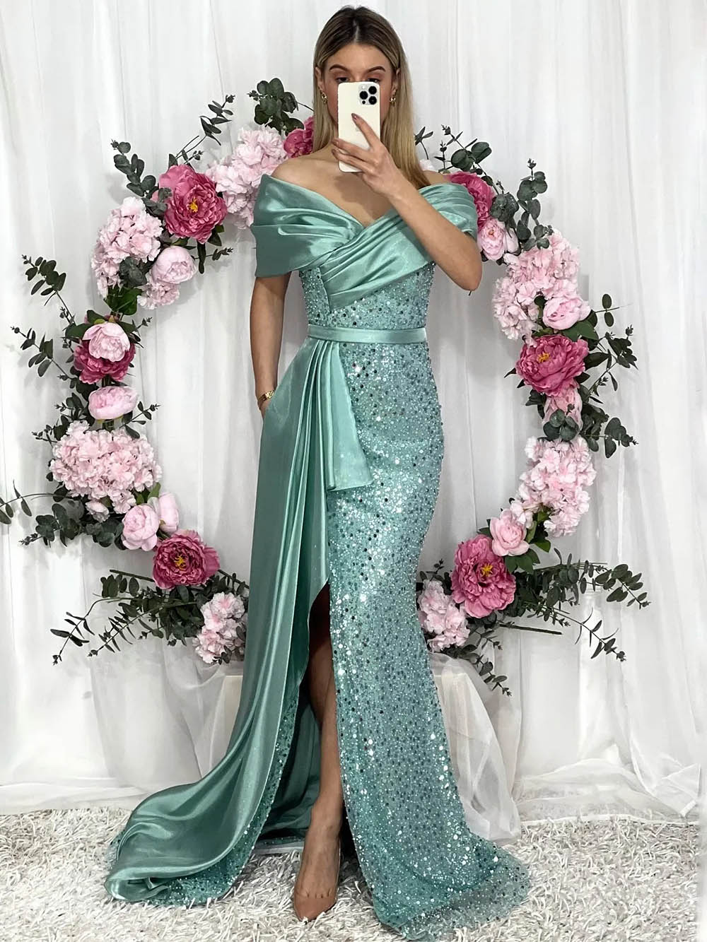 فستان حفلة بأكمام طويلة وكتف واحد مزين بالترتر للنساء، فستان سهرة لامع لامع، فستان كوكتيل