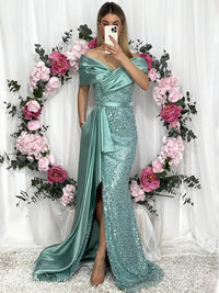 فستان حفلة بأكمام طويلة وكتف واحد مزين بالترتر للنساء، فستان سهرة لامع لامع، فستان كوكتيل