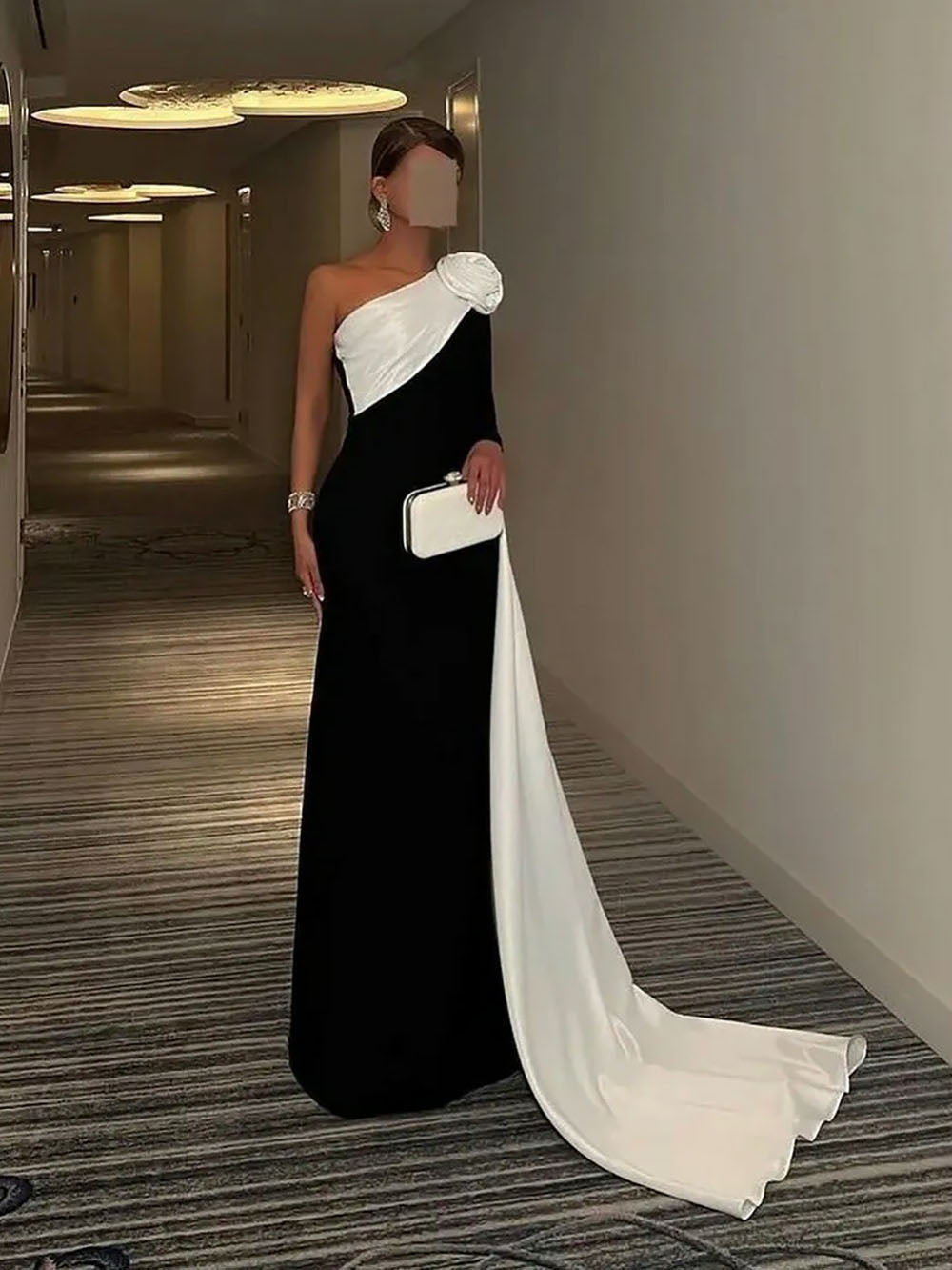 Black and White One Shoulder Evening Dress Flower Long Drape Prom Dres – Msikoods Official Store