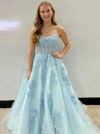 Ballkleid mit tiefem Ausschnitt und Spaghettiträgern, A-Linie, Tüll, Abendkleid, langes formelles Kleid für Damen