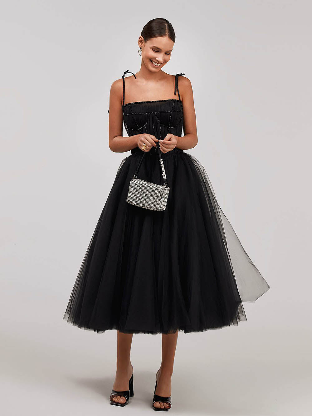 Black Tulle Midi Prom Dress With Corset Tie Straps Elegant Party Gown Ms2601241