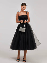 Black Tulle Midi Prom Dress With Corset Tie Straps Elegant Party Gown Ms2601241