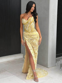 Lace Prom Dress Strapless Lace Corset High Slit Ruched Mermaid Evening Dress Ms2609232