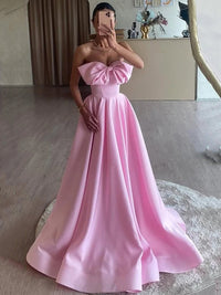 Satin Prom Dress Strapless A Line Party Gown Bow Formal Dress Princess Evening Gown Ms2606144
