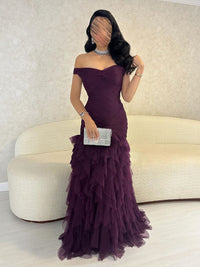 Off Shoulder Mermaid Dress 2025 Tiered Tulle Ruffles Formal Gown Evening Party Dress Ms2505021