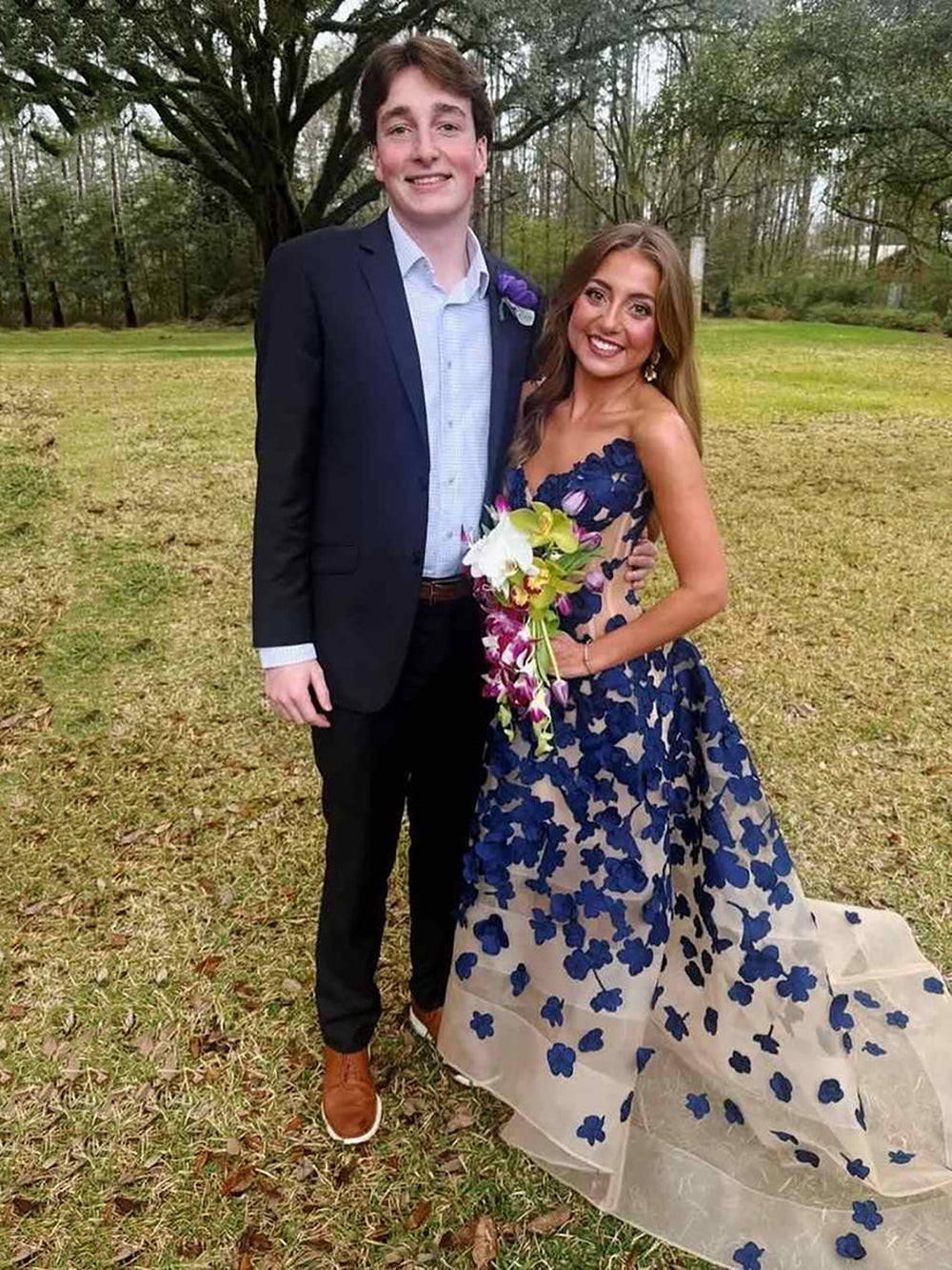 Navy Blue Floral Appliques Prom Dress Strapless A Line Organza Evening – Msikoods Official Store