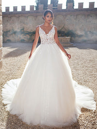 Lace V Neck Wedding Dress Ball Gown Glitter Tulle Backless Bridal Gown Ms260319101