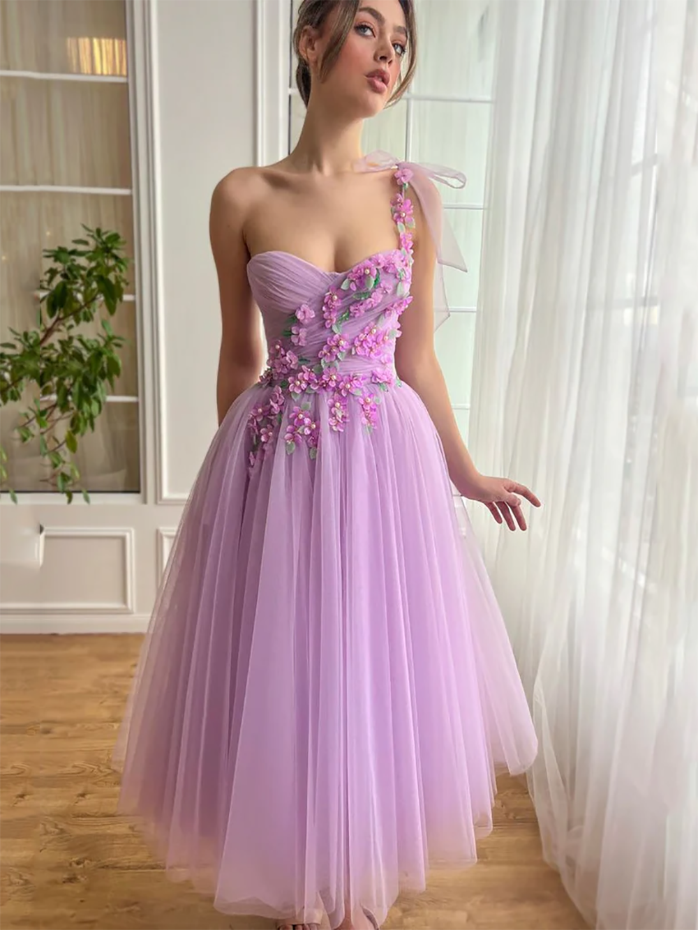 One Shoulder Midi Prom Dress with 3D Floral Party Gown Ms2508271