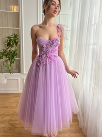 One Shoulder Midi Prom Dress with 3D Floral Party Gown Ms2508271