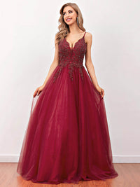 Burgundy Tulle Prom Dresses V Neck Beaded A-Line Evening Dress Ms2510184