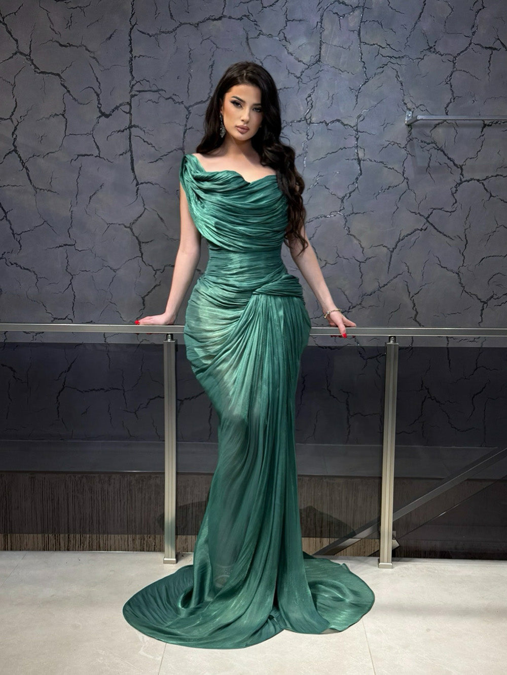 Emerald Green Draped One Shoulder Mermaid Evening Dress Pleated Prom Dress Ms26041822