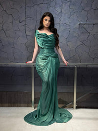 Emerald Green Draped One Shoulder Mermaid Evening Dress Pleated Prom Dress Ms26041822