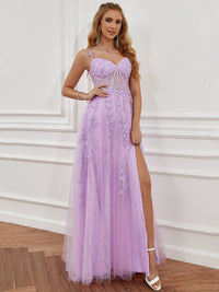 Lace Appliques A Line Evening Dress Sexy Slit Tulle Prom Dress Ms2508222