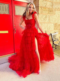 Red Tiered High Slit Prom Dress Sleeveless Corset Evening Dress Ms2511171