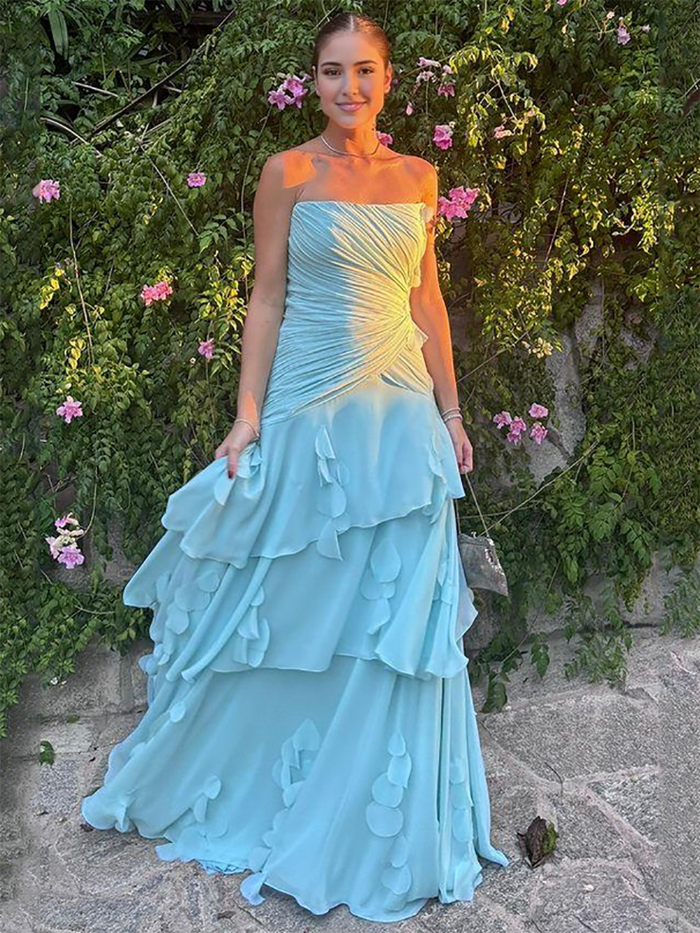 Strapless Tiered Chiffon Prom Dress A-Line Pleated Ruched Formal Evening Gown Ms2604092