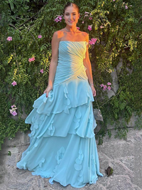 Strapless Tiered Chiffon Prom Dress A-Line Pleated Ruched Formal Evening Gown Ms2604092