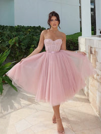 Vintage Tulle Midi Prom Dress Sweetheart Corset Party Gown Princess Cocktail Dress  Ms2506016