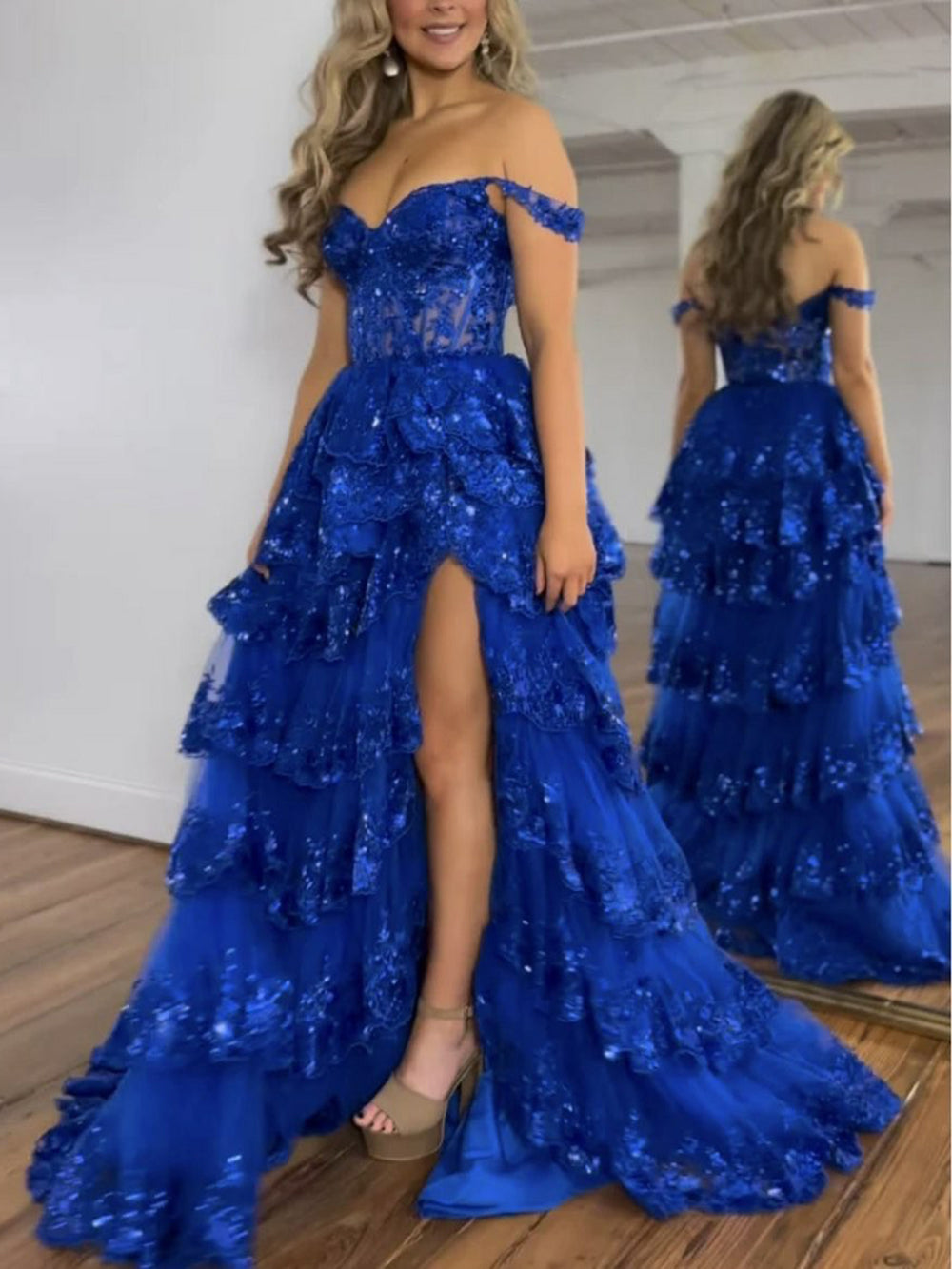 Sequin Lace Layered Prom Dress Off Shoulder Slit Graduation Gown Formal Evening Dress Ms2505112