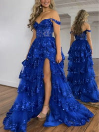 Sequin Lace Layered Prom Dress Off Shoulder Slit Graduation Gown Formal Evening Dress Ms2505112