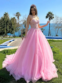 Pink Birthday Dress Sweetheart Beaded Lace Princess Prom Dress MS25082