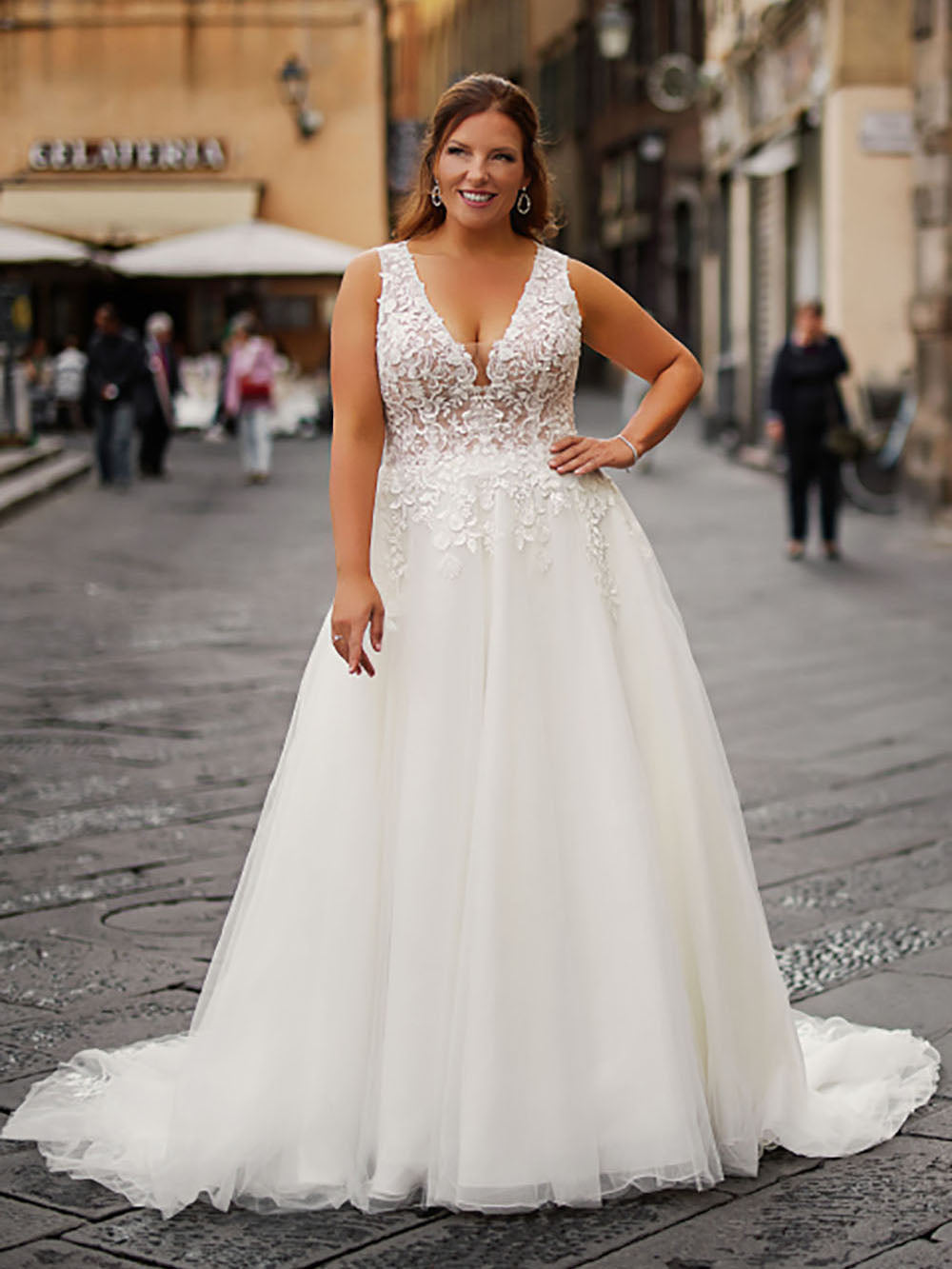 plus size lace illusion dress Illusion 3/4 Sleeve Lace Ruffles Plus Size Wedding Gown