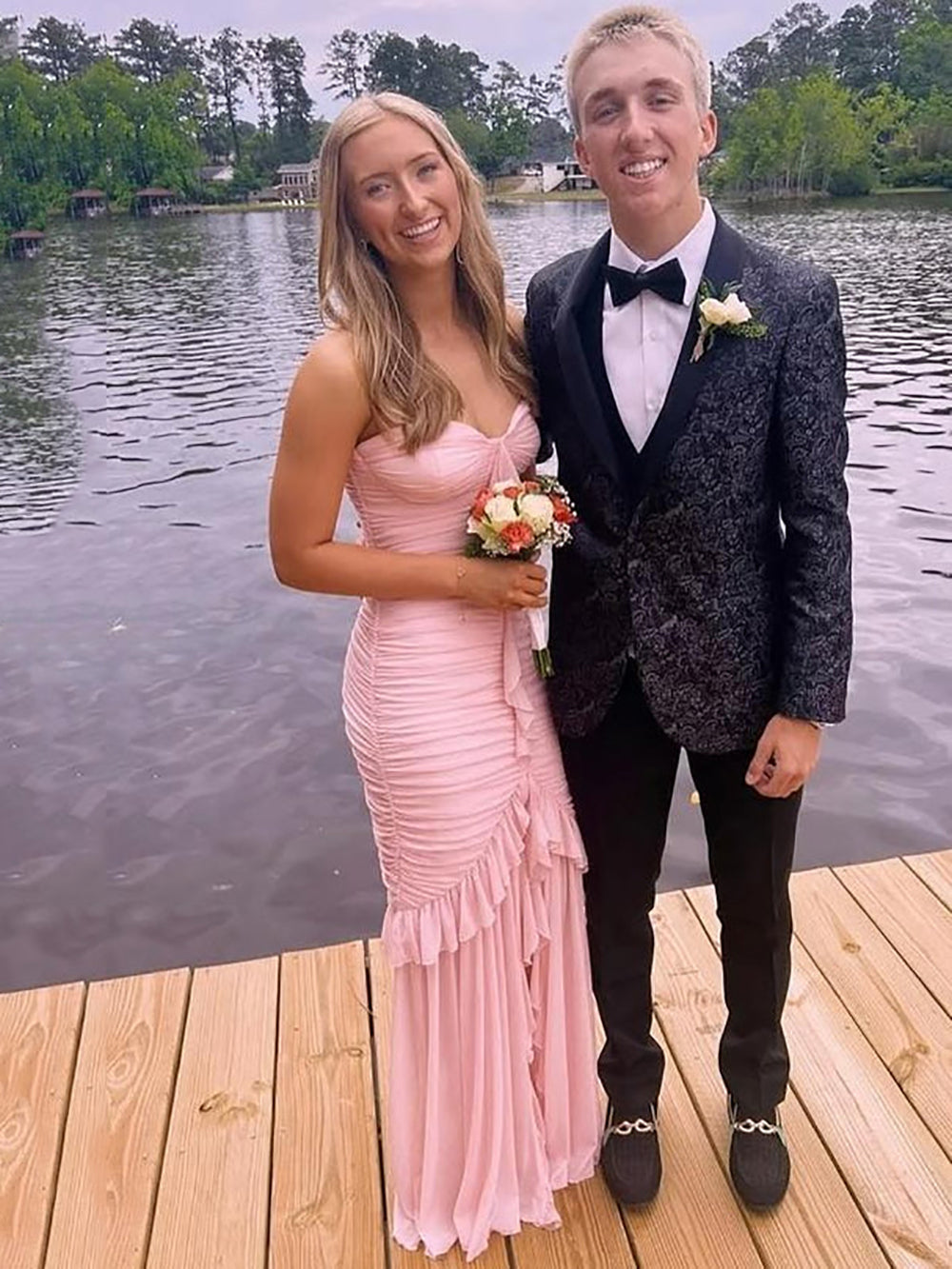 Pink Ruched Mermaid Prom Dress Sweetheart Slit Formal Evening Dress Wedding Guest Dress Ms2606011