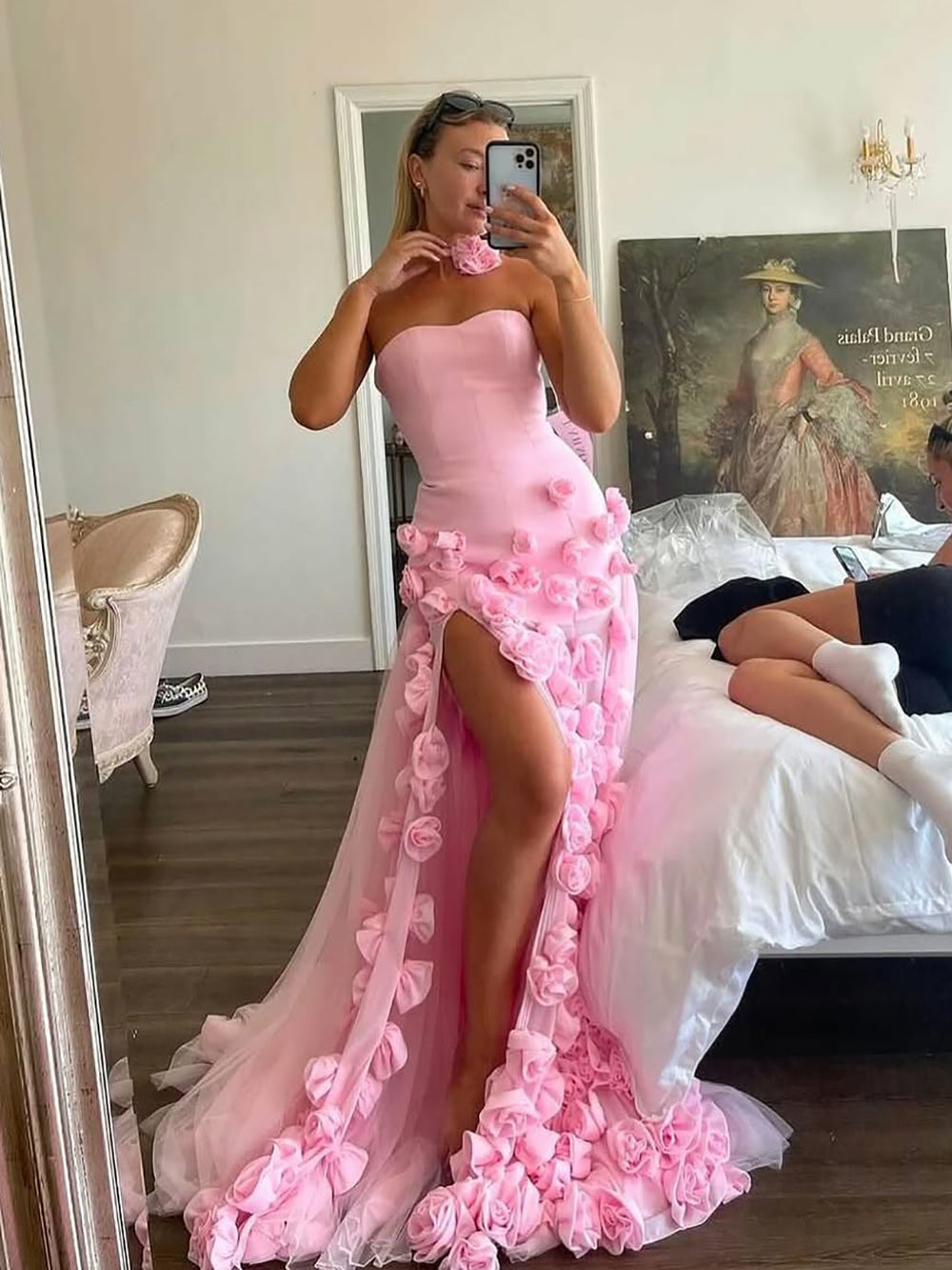 Pink Floral 3D Evening Dress With Slit Romantic Strapless Prrom Dress Formal Gown Ms2505052