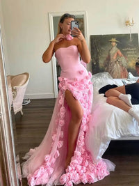 Pink Floral 3D Evening Dress With Slit Romantic Strapless Prrom Dress Formal Gown Ms2505052