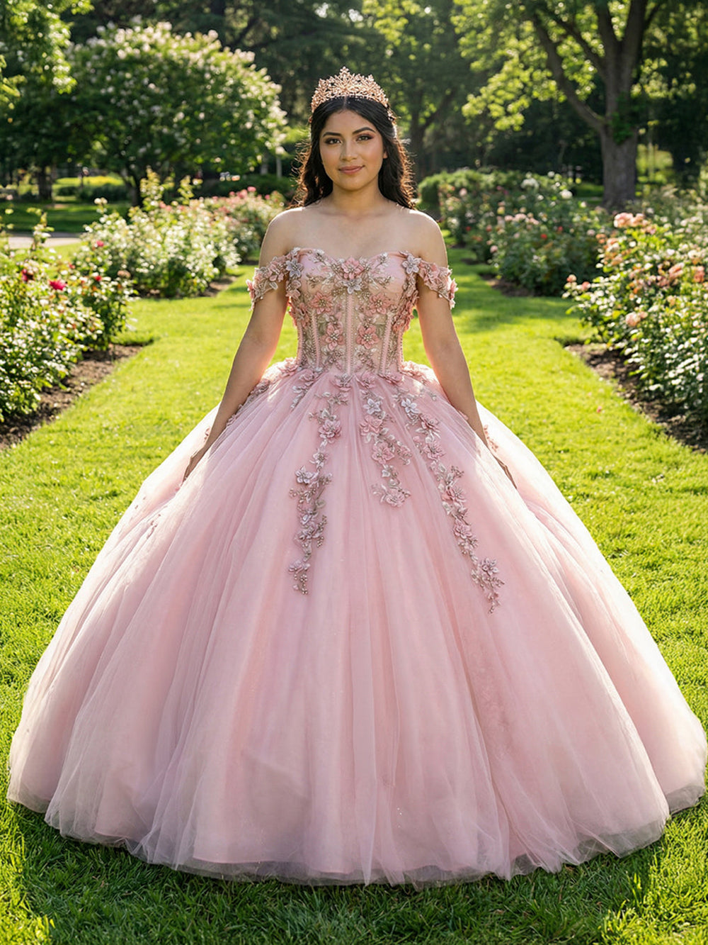 Pink Quinceanera Dress Off Shoulder Corset 3D Flower Lace Appliques Glitter Sweet 16 Gown Ms2605113
