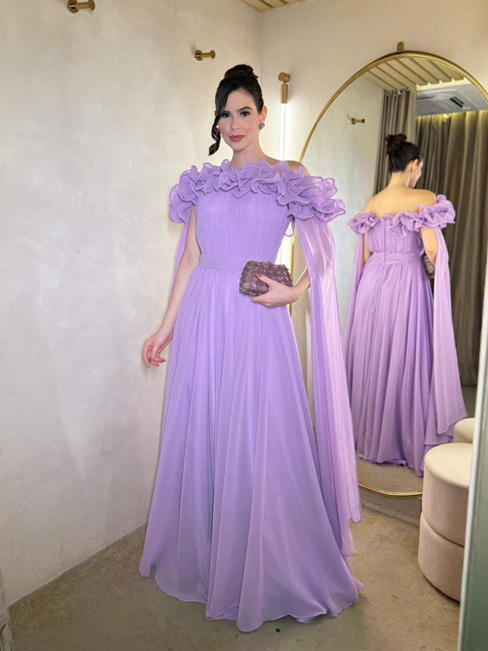 Lavender Off Shoulder Luxury Prom Dress Ruffle A Line Pleated Evening Dress Ms2606285