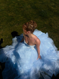 Spaghetti Strap Prom Dress Lace Applique Backless Layered Glitter Tulle Formal Evening Dress Ms2607183