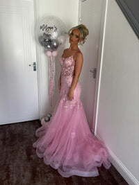 Pink Mermaid Prom Dress Spaghetti Strap Flower Lace Applique Corset Backless Evening Gown Ms2607184