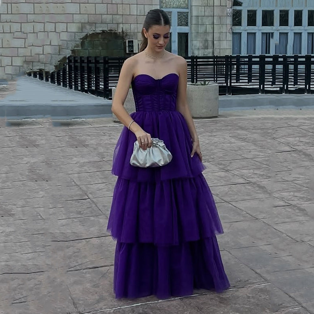 Luxury Prom Dress Strapless Tiered Tulle A Line Evening Gown Formal Party Dress Ms2607223